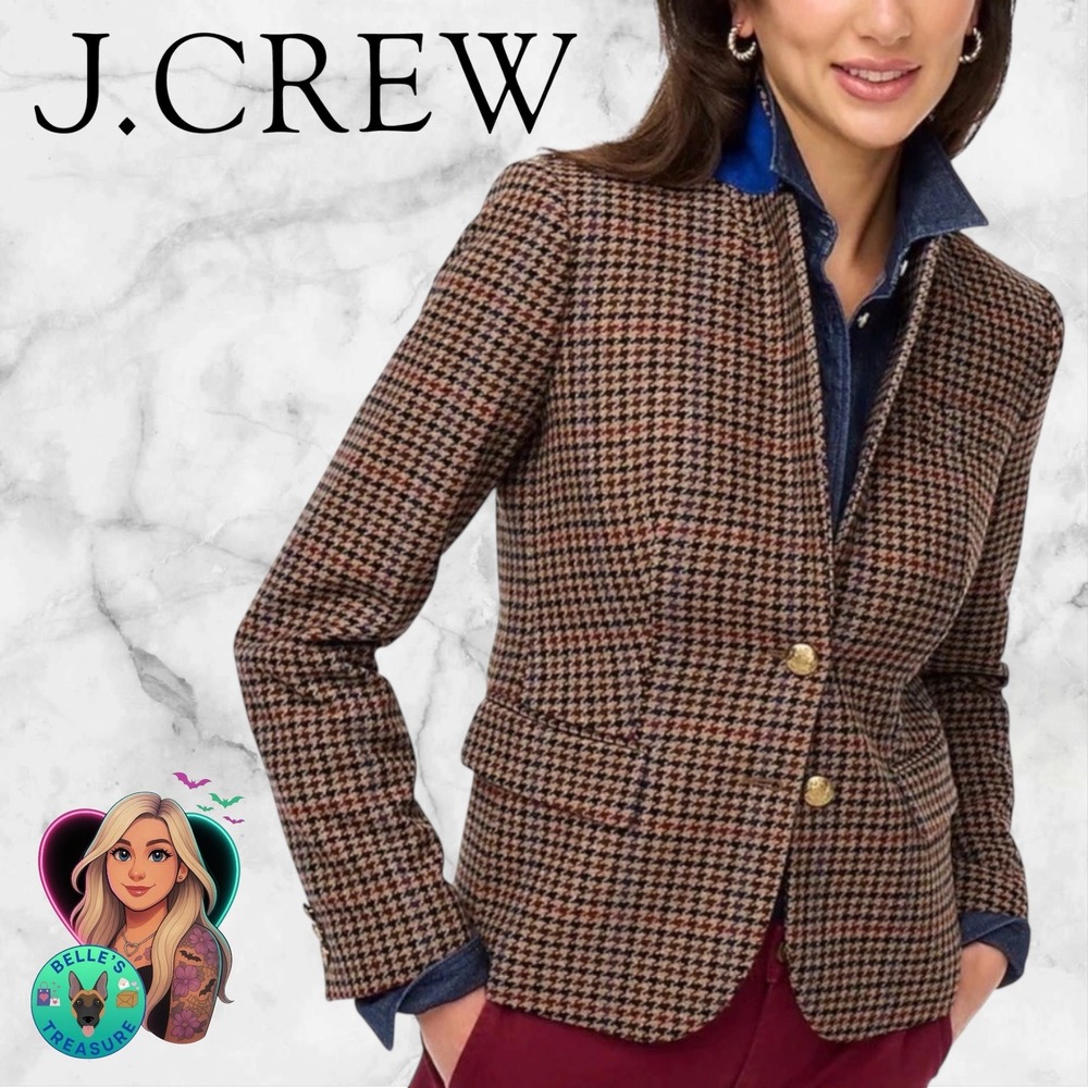 J.Crew Schoolboy Blazer Brown Plaid Wool Blend Gold Button Jacket Women's 4